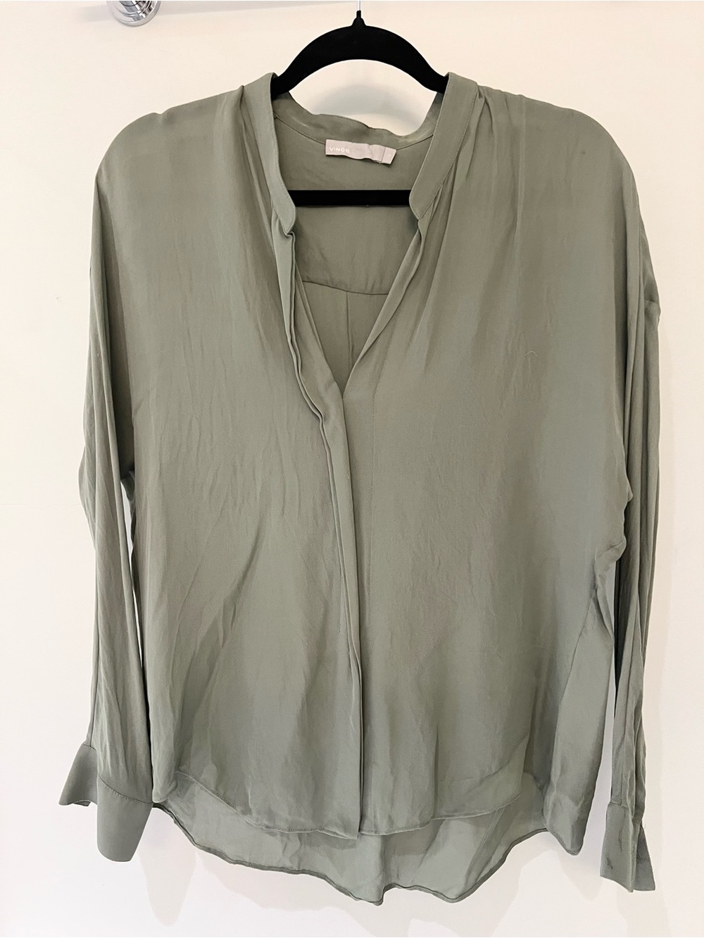 Vince Sage Green Long-Sleeve V-Neck Silk Blouse